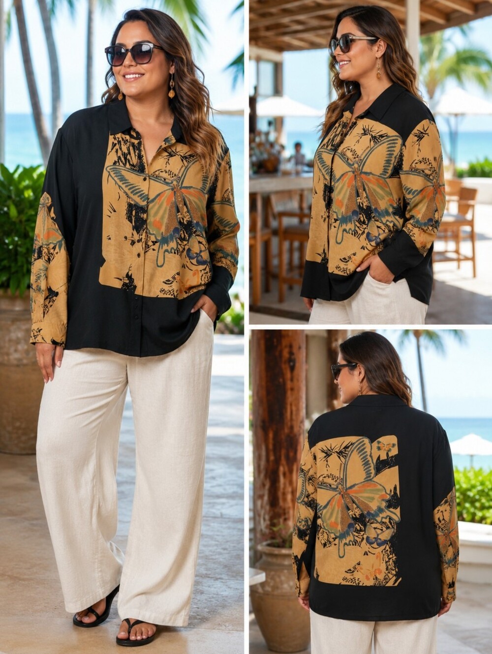 Harari 100% Silk Butterfly Art Print Blouse Jacket Black Tan XL